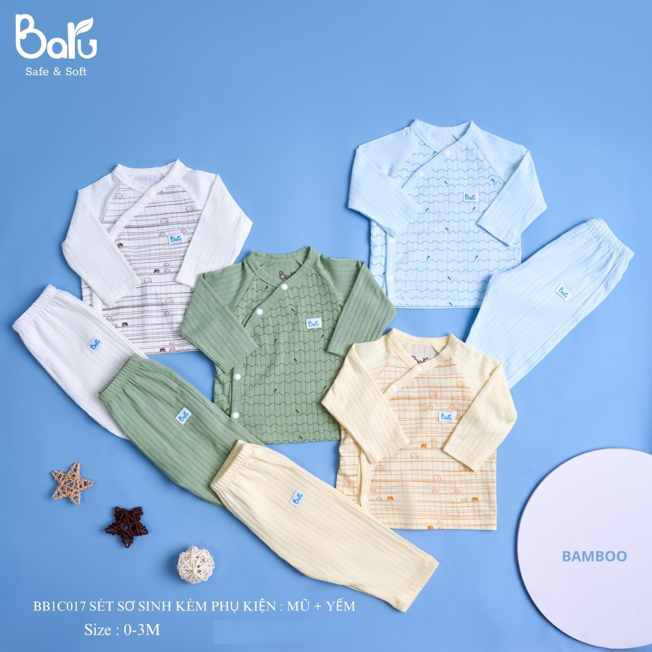 Bộ sơ sinh  BARU cotton dài tay,cài lệch kèm phụ kiện thời trang trẻ em ( 0-3m )