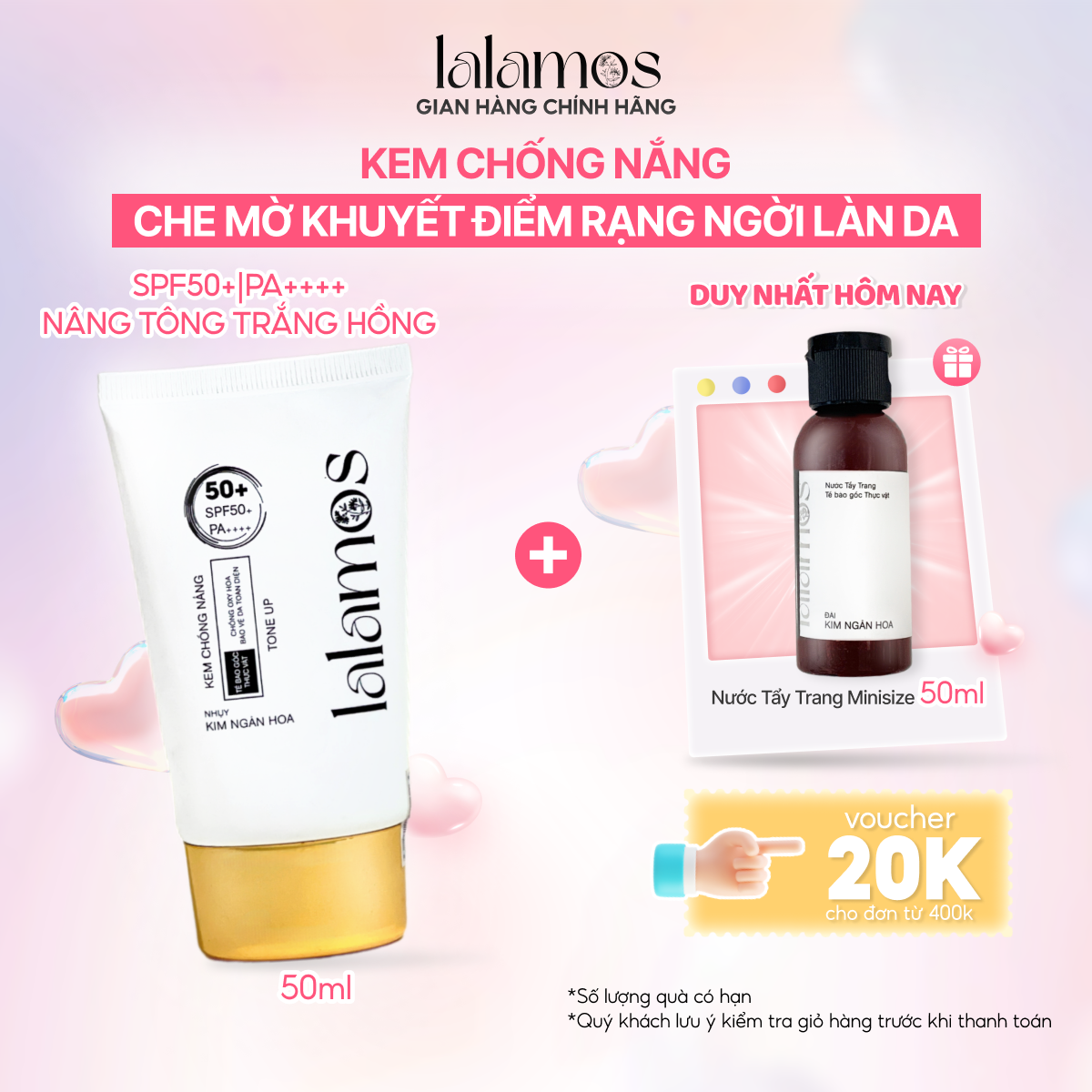 Kem Chống Nắng Lalamos Nhụy Kim Ngân Hoa Nâng Tone SPF 50+ PA++++ 50ml