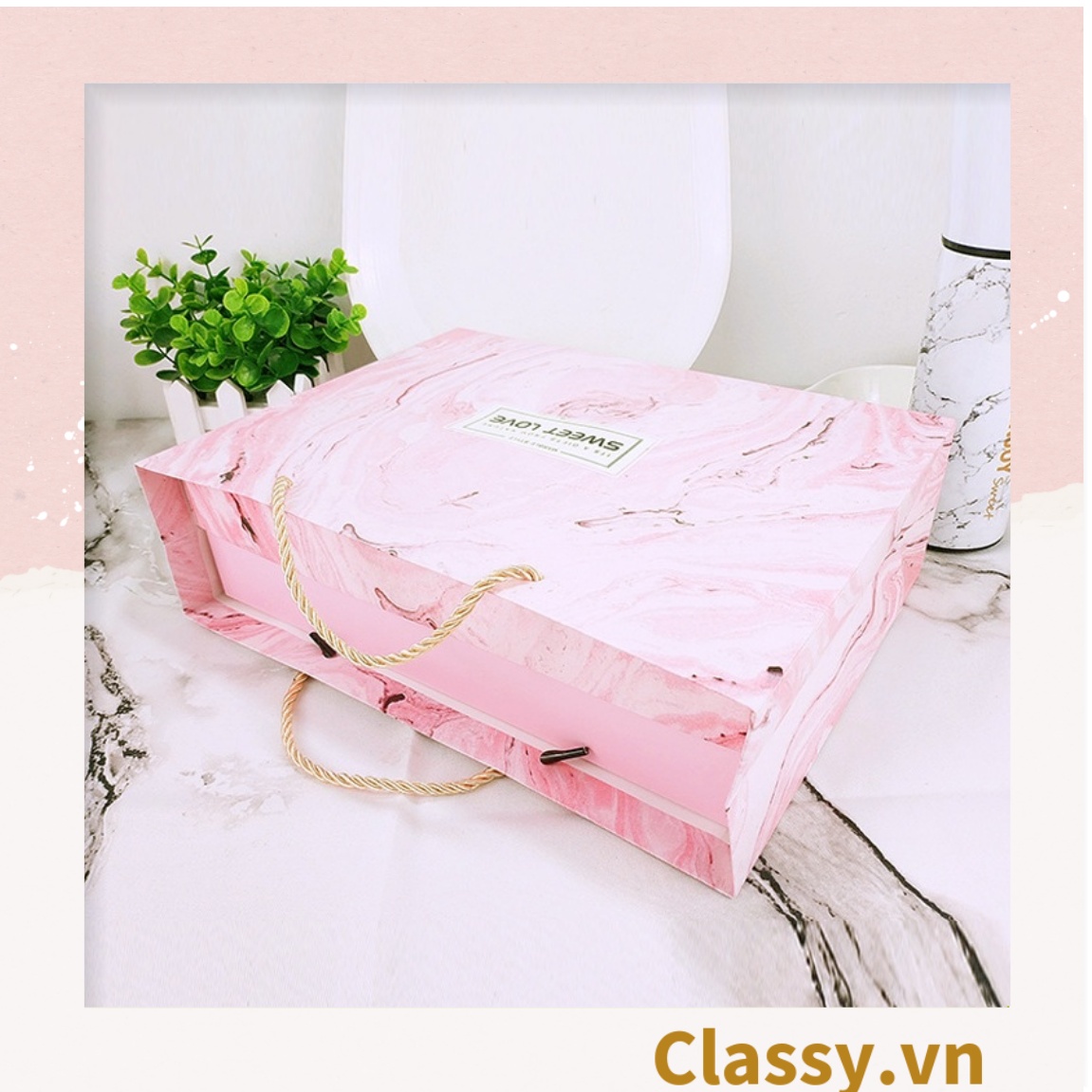 XÉ LẺ Túi giấy hoặc Hộp quà Làm quà tặng 30,5x22x8,5cm hoạ tiết cẩm thạch in chữ SWEET LOVE Q757