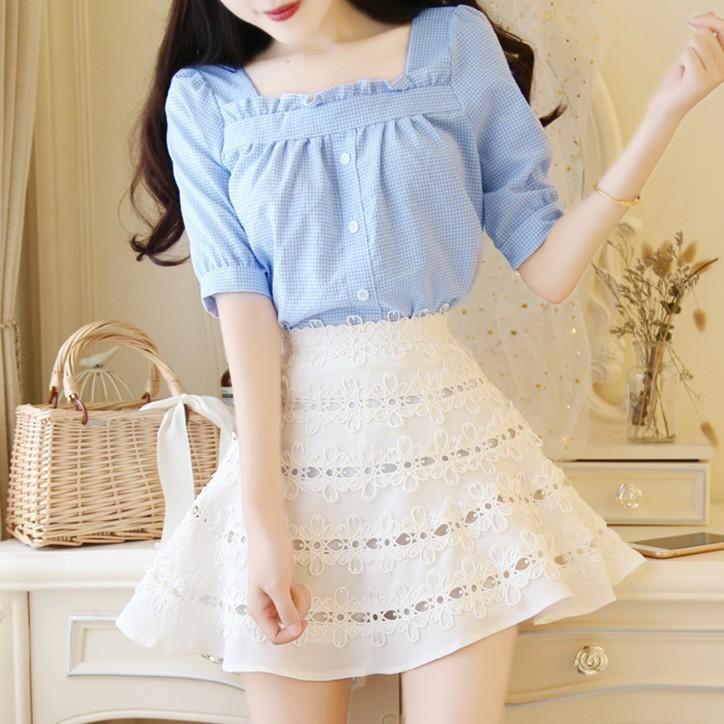 ÁO CỔ VUÔNG SỌC CARO XINH XẮN