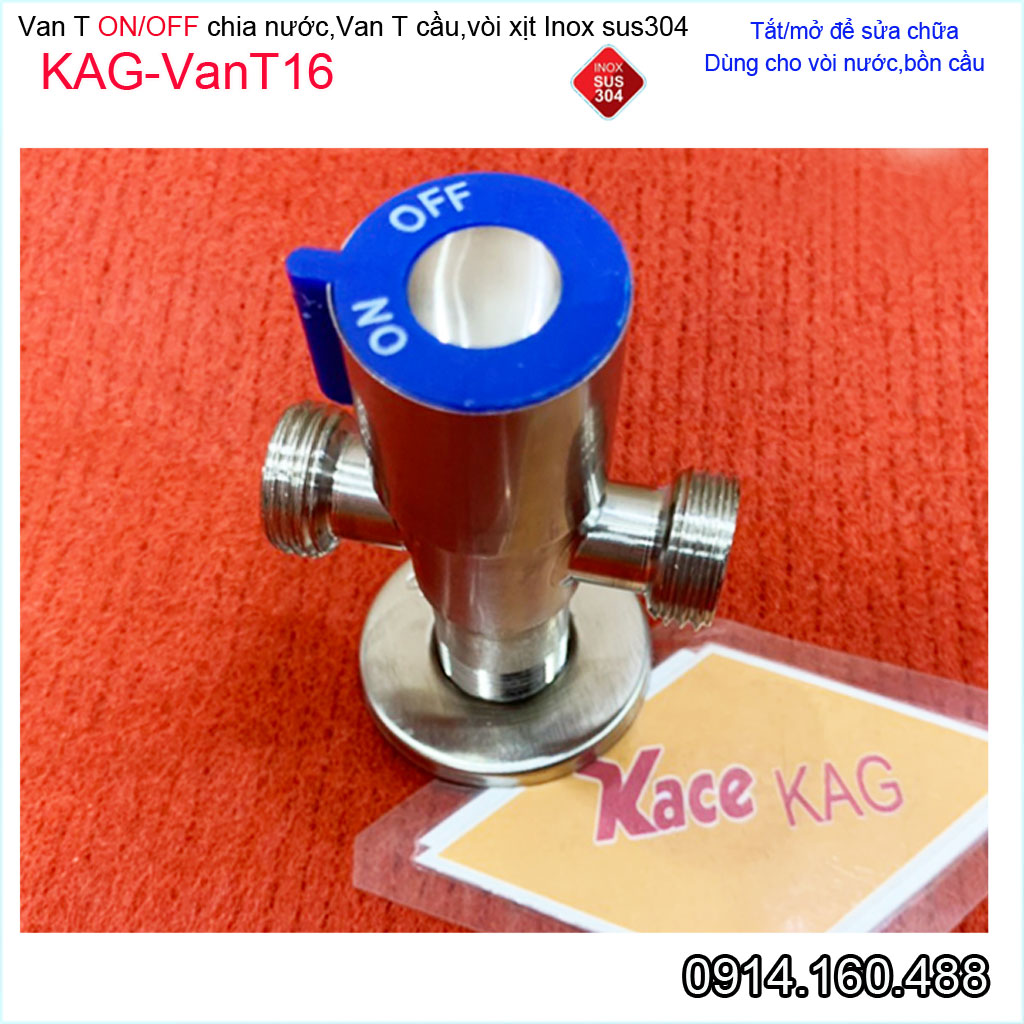 Van T chia nước ON OFF inox sus304 KAG-VanT16, van khóa vòi xịt bồn cầu D21 giảm áp lực siêu bền sử dụng tốt