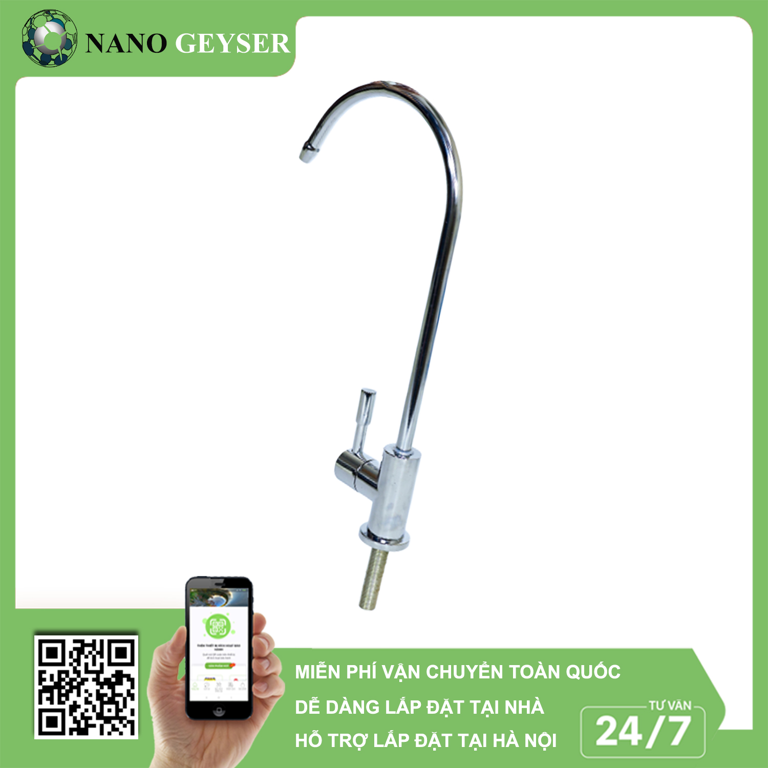 Vòi máy lọc nước Inox Nano Geyser, Vòi gạt cổ ngỗng - Hàng Chính Hãng