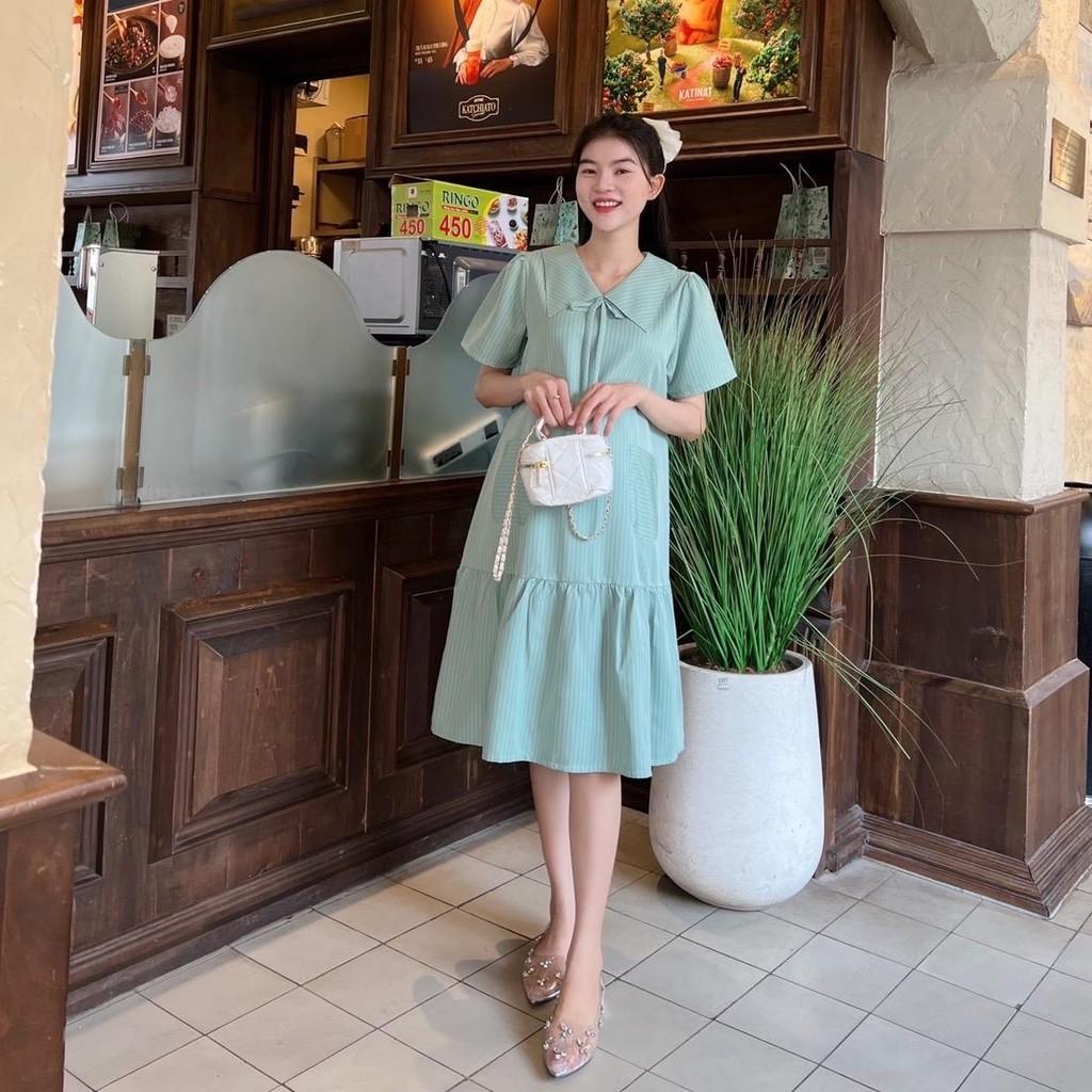 Đầm bầu sọc chỉ phom suông đuôi cá phối túi 2 bên dễ thương - Da