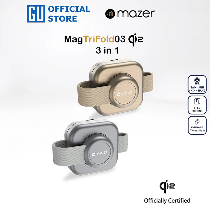Đế Sạc Không Dây MAZER 3in1 Qi2 MagTrifold03 Sạc Đồng Thời 3 Thiết Bị Công Suất 15W Đạt Chuẩn Qi2 &amp; MaggSafe Gấp Gọn Hàng Chính Hãng