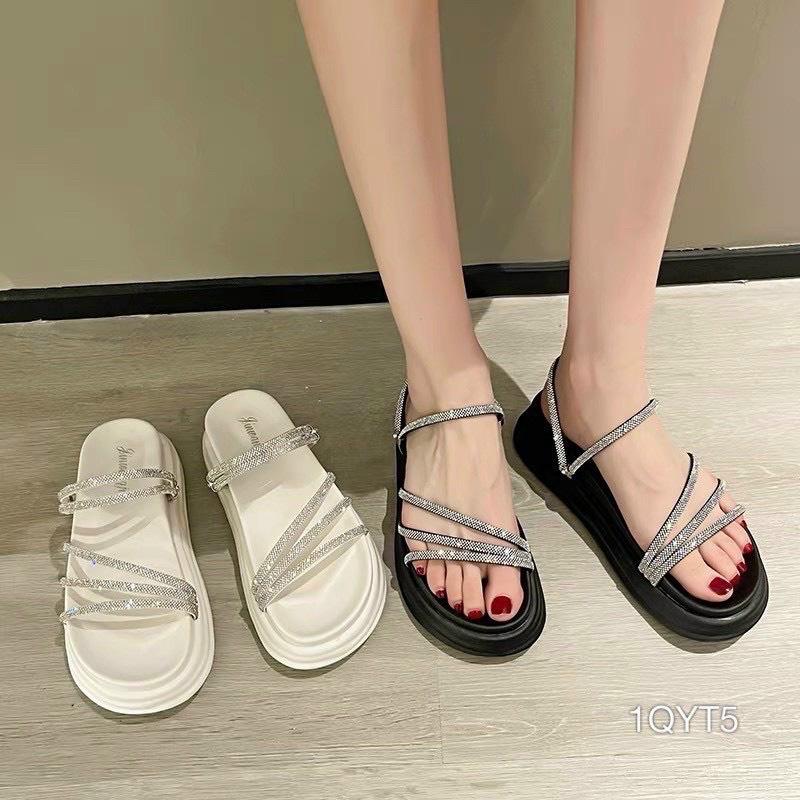 Sandal dây nhũ mảnh vát đi được 2 dáng đế bằng cao - 3P