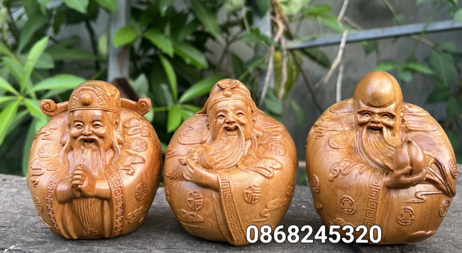 Tượng tam đa phúc lộc thọ trứng bằng gỗ bách xanh thơm nức kt cao 10×8×8cm