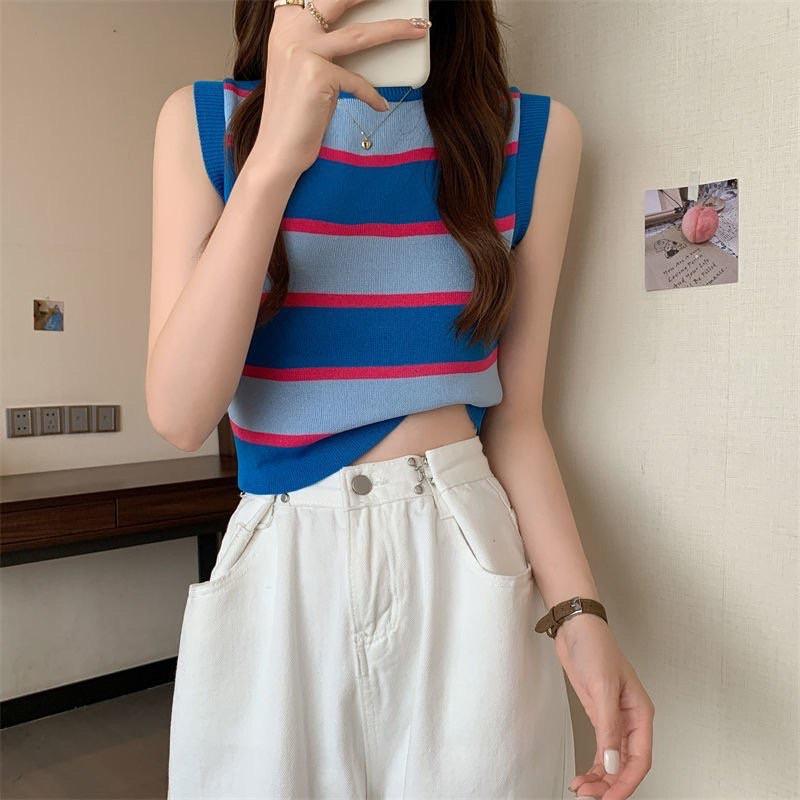 Áo len ba lỗ nữ croptop kẻ ngang hót hít hàng Quảng Châu