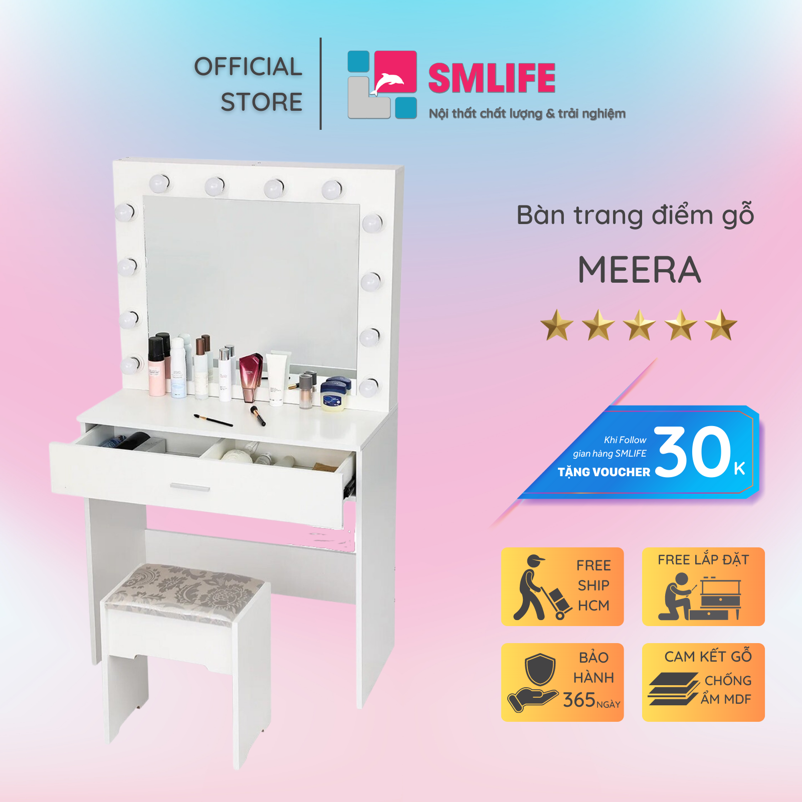 Bàn trang điểm gỗ hiện đại SMLIFE Meera  | Gỗ MDF dày 17mm chống ẩm | D80xR45xC140cm