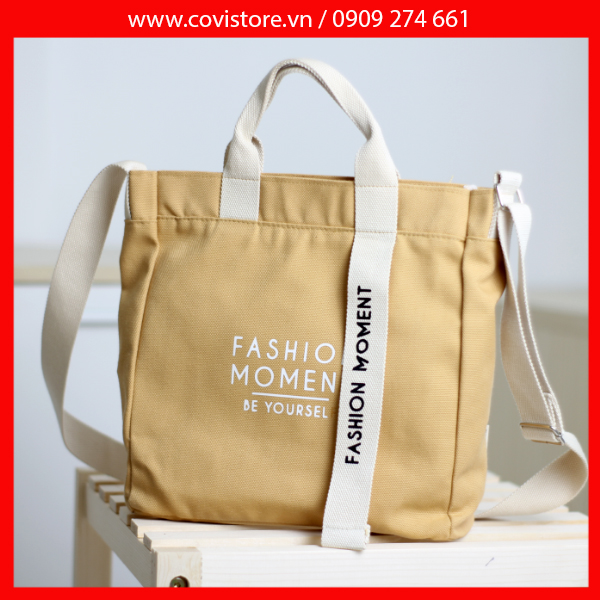 Túi vải Hàn Quốc, túi đeo chéo vải canvas phối chữ Fashion Moment thời trang Covi nhiều màu sắc T11-M-Màu Vàng