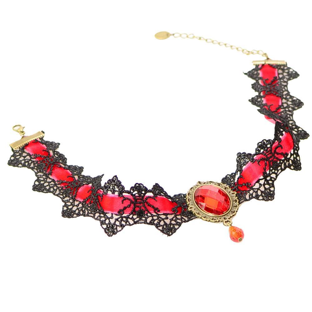 2-4pack Fashion Red Gem Pendant Lace Collar Necklace Choker Chunky Red Black