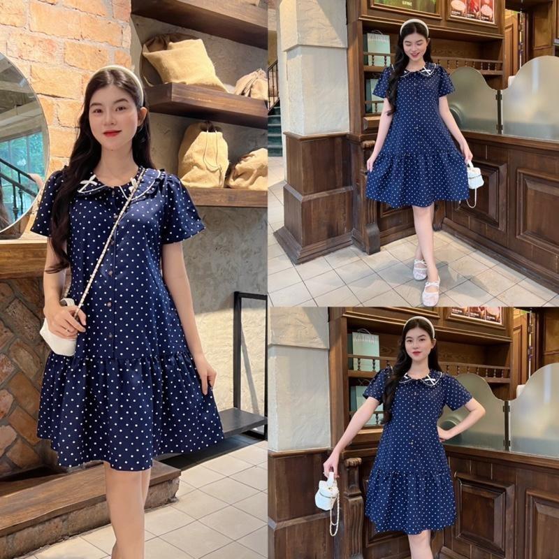 Đầm bầu chấm bi cổ sen đính nơ dễ thương, thanh lịch phù hợp cho mẹ bầu và sau sinh - Trắng kem