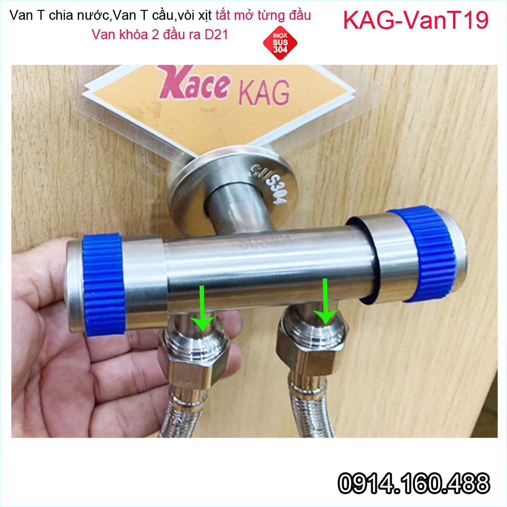 Van T chia nước vòi xịt bồn cầu sus304 KAG-VanT19, van khóa 2 đầu D21 dùng nhà tắm- chia nước tưới cây sân vườn siêu bền sử dụng tốt