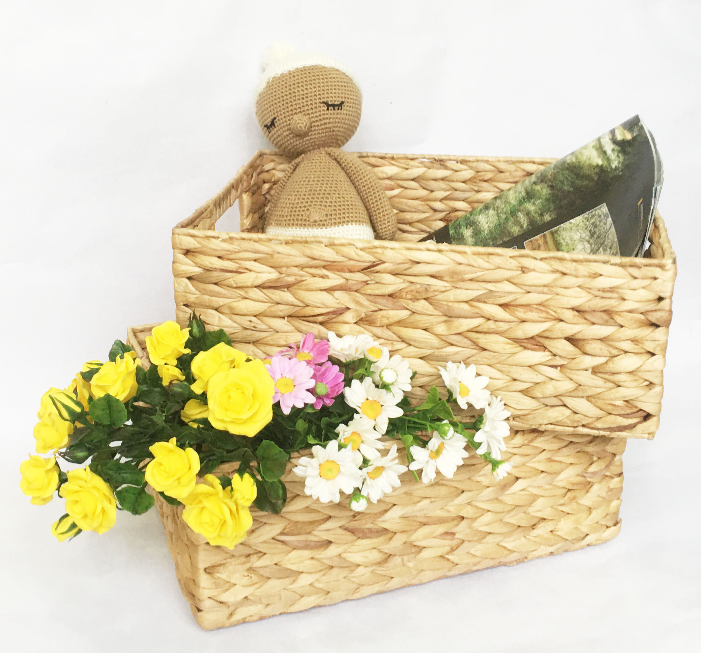 Sọt Giỏ Lục Bình chữ nhật đa năng - giỏ bèo tây khung sắt có tay cầm handmade vintage KT D36xR27xC14cm