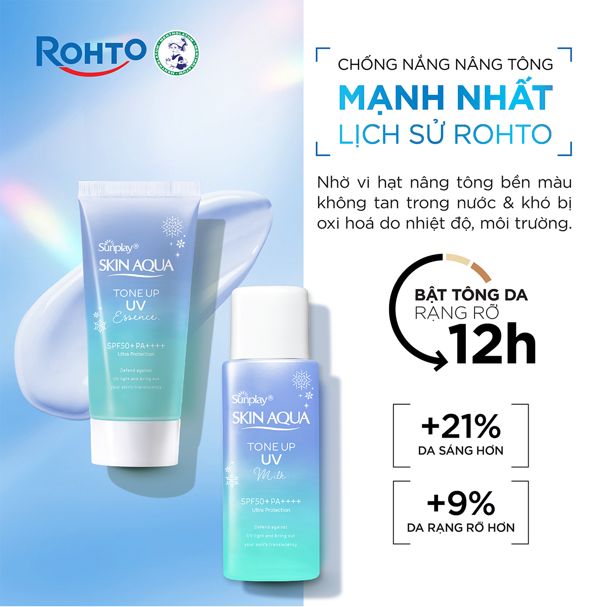 Kem chống nắng nâng tông Skin Aqua Tone up Blue cho da vàng có khuyết điểm đỏ, dạng sữa Sunplay Skin Aqua Tone Up UV Milk Blue SPF 50+ PA++++ 50g