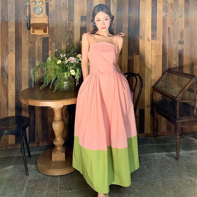 SHUANGYAN Hàng tốt giới thiệu~Mùa hè quần chúng nhỏ ghép màu hồng xanh lá cây va chạm dây đai váy nữ thiết kế ngọt ngào phong lộ gầy váy dài
