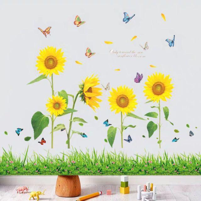 DECAL DÁN TƯỜNG HƯỚNG DƯƠNG VÀNG VÀ CHÂN TƯỜNG CỎ XANH