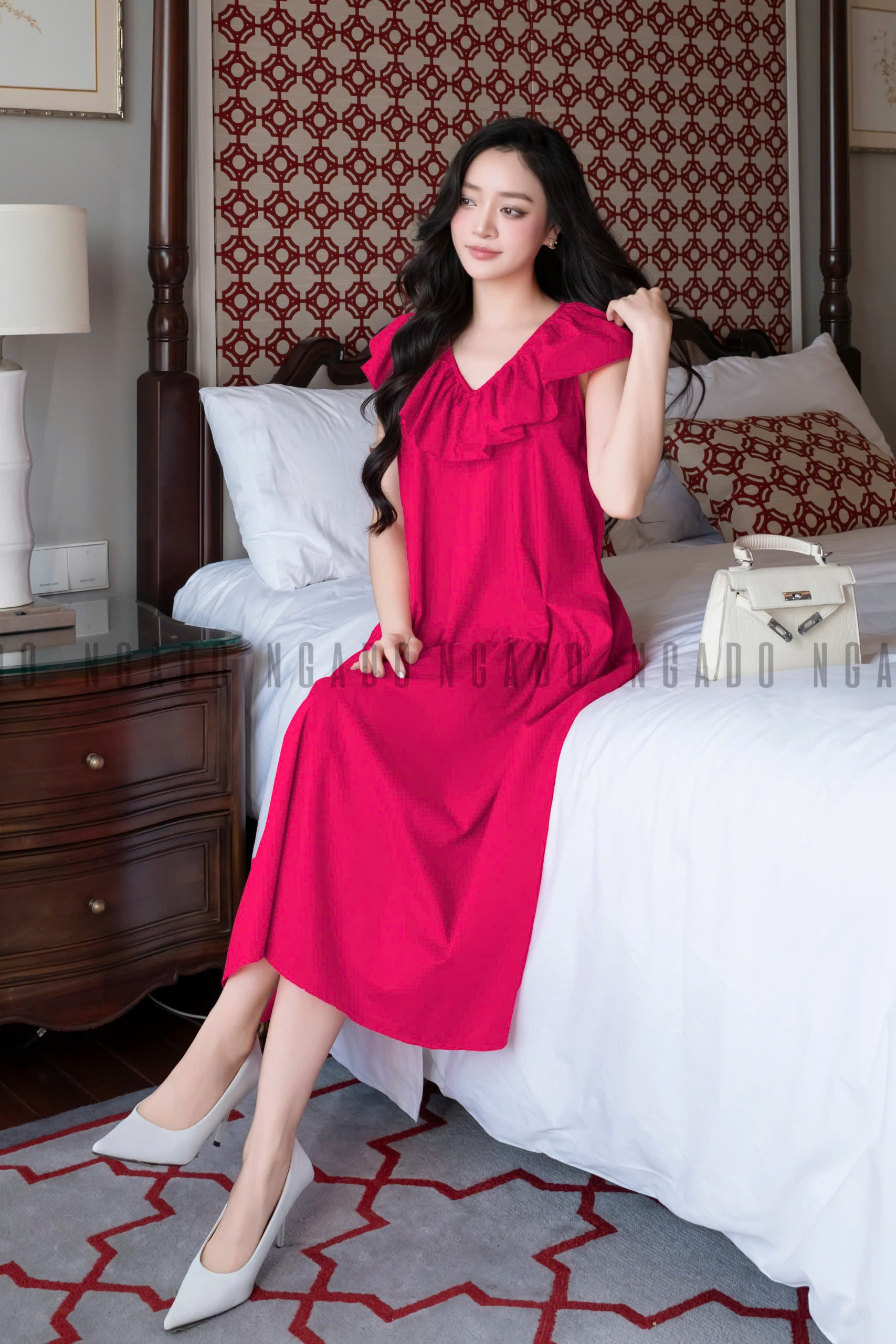 Đầm babydoll hồng sen cổ nhún NGADO , đầm babydoll dài , đầm kiểu Nữ