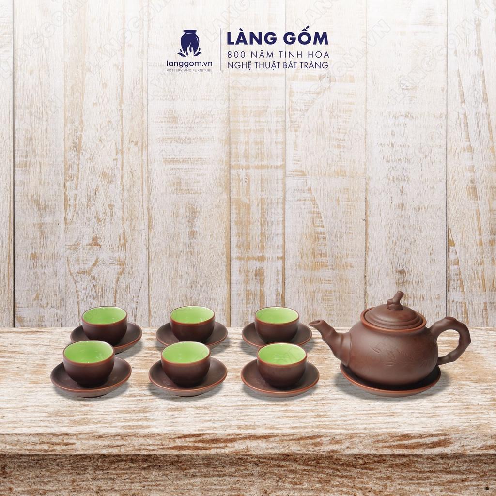 Bộ ấm chén đất nung khắc trúc to - Men mộc - Gốm sứ Bát Tràng - langgom.vn