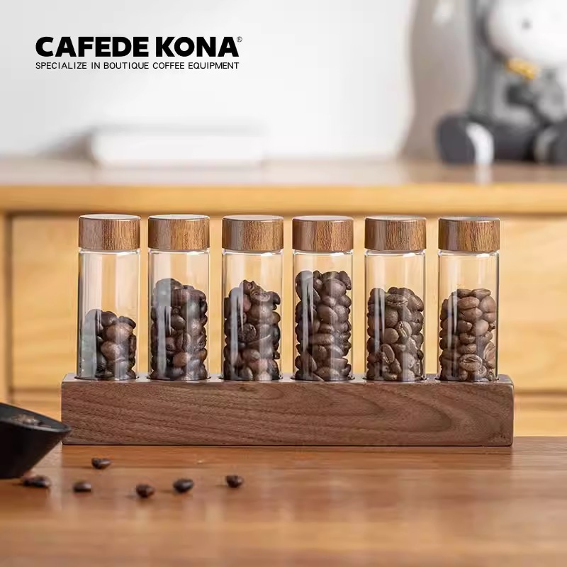 Bộ ống thủy tinh khung gỗ óc chó đựng cà phê CAFEDE KONA