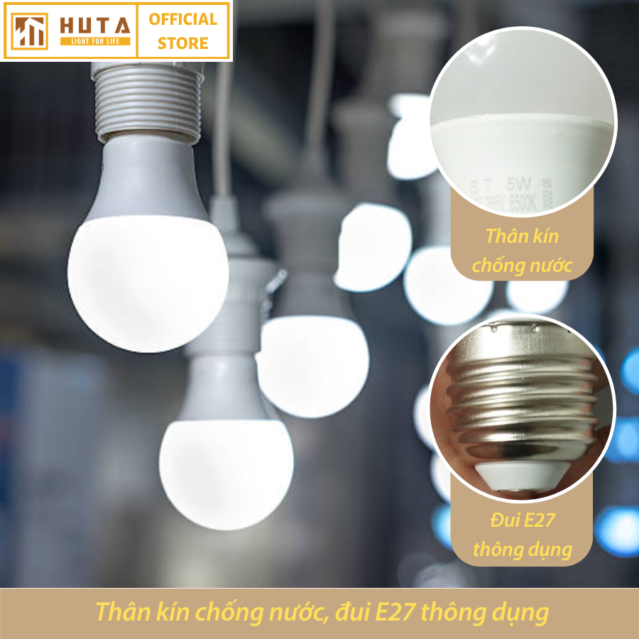 Combo Bóng Đèn Led Bulb HUTA 5w Đuôi E27, Tiết Kiệm Điện, Chống Nước, Ánh Sáng Trắng/Vàng, Trang Trí Quán Cà Phê, Nhà Hàng