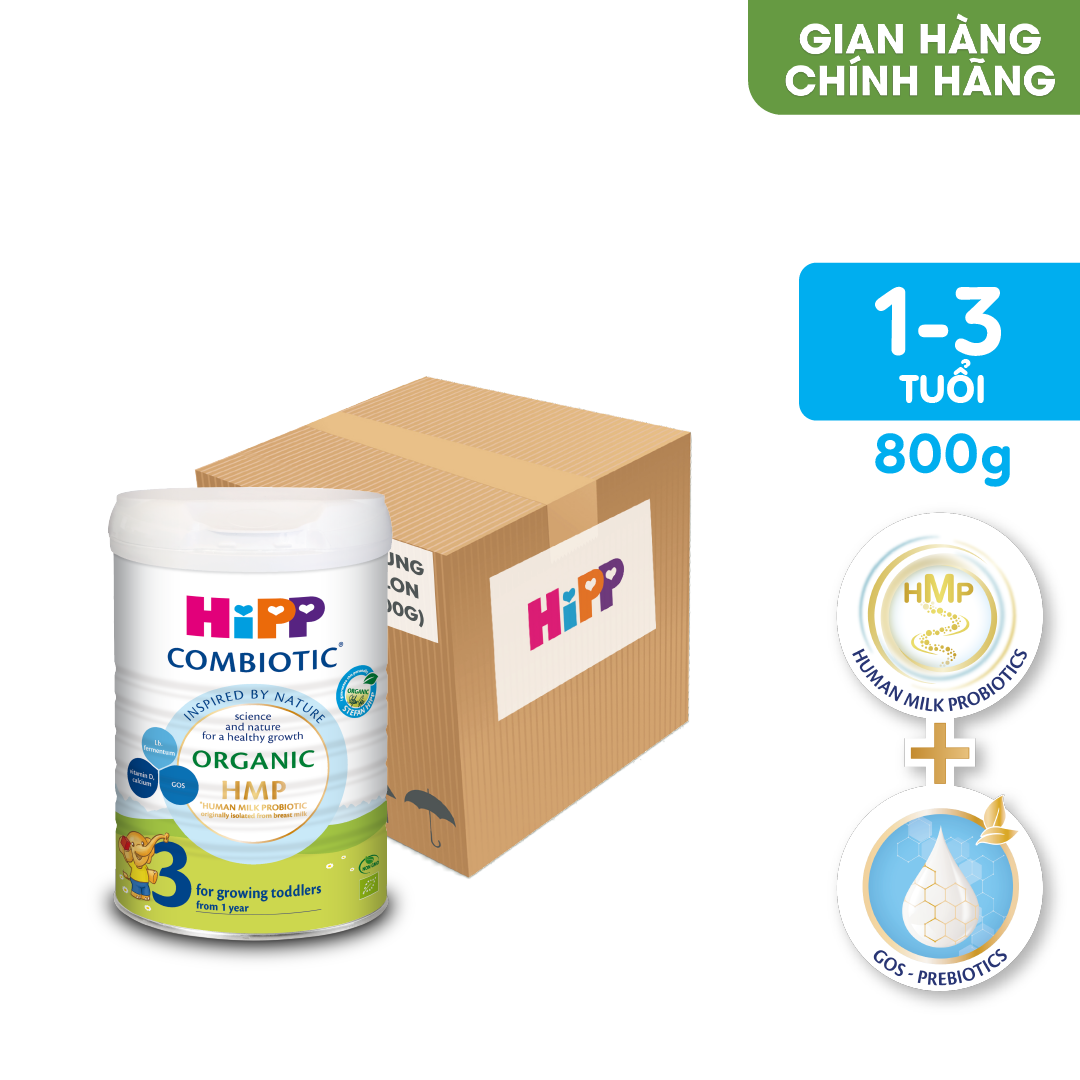 Thùng 4 lon sữa bột dinh dưỡng công thức HiPP 3 Organic Combiotic chất lượng hữu cơ tăng cường sức khoẻ hệ miễn dịch, bổ sung Canxi và vitamin D dành cho trẻ trên 12 tháng tuổi (4 lon x 800g)