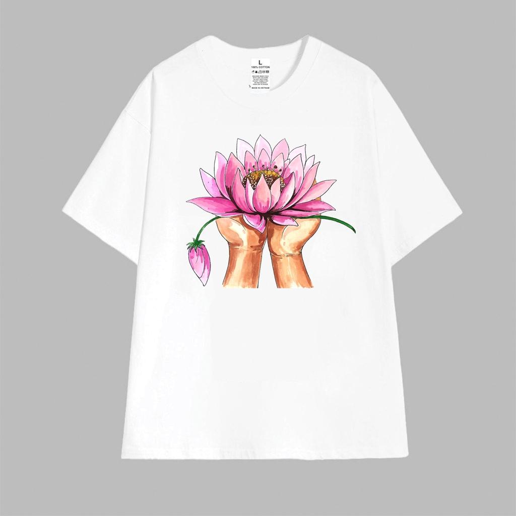 Cao cấp - Áo thun oversize hình vẽ màu nước đôi tay dâng hoa Sen lotus shirt BND553