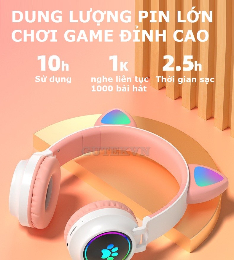 Tai nghe chụp tai bluetooth không dây tai mèo đèn led 7 màu Gutek B30 có mic chống ồn tốt - Hàng Chính Hãng