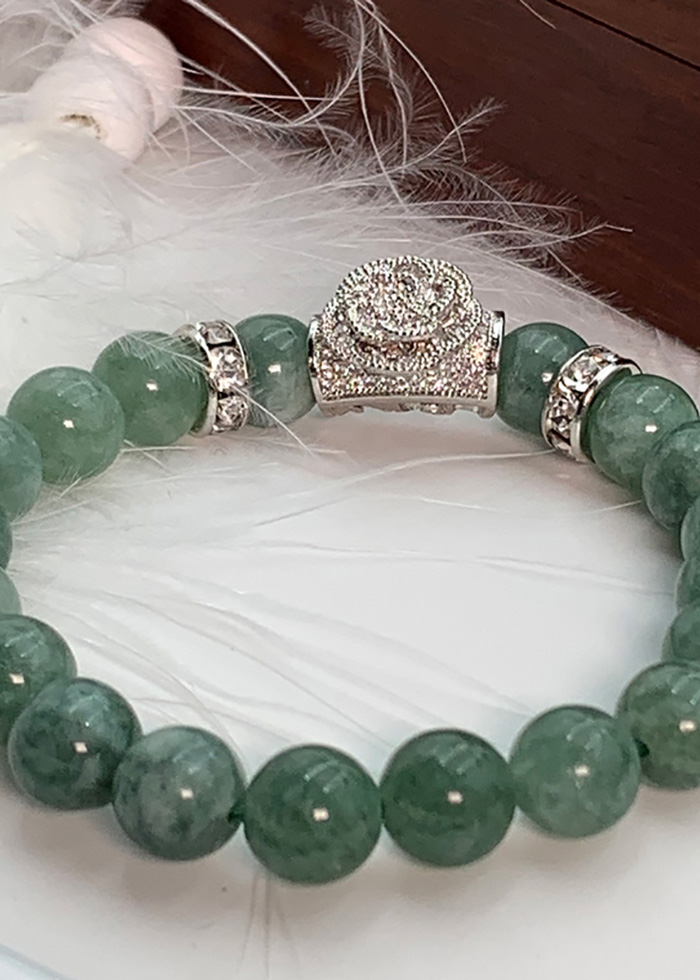 Vòng Đá Thạch Anh Xanh Ngọc 8 Ly Charm Hoa Đá Bạc