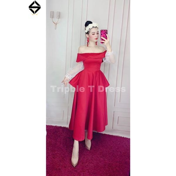 Đầm xòe dự tiệc mặc cưới bẹt vai tay dài voan phối viền ren TRIPBLE T DRESS -size S/M/L - MS51Y