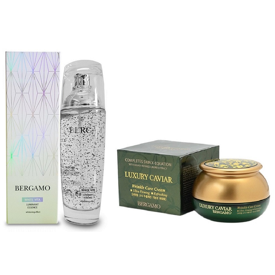 Combo Tinh chất dưỡng trắng da Bergamo White Vita Luminant Essence 110ml và Kem giảm Nám Bergamo Luxury Caviar Wrinkle Care Cream