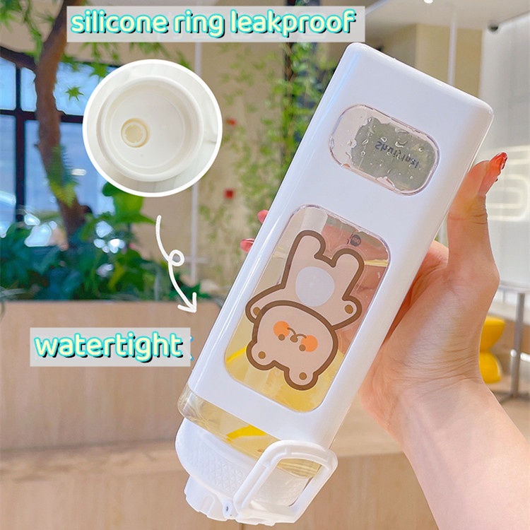 Bình nước đi học cute to hình vuông cỡ lớn dung tích 700ml có ống hút bằng nhựa không BPA tặng kèm sticker