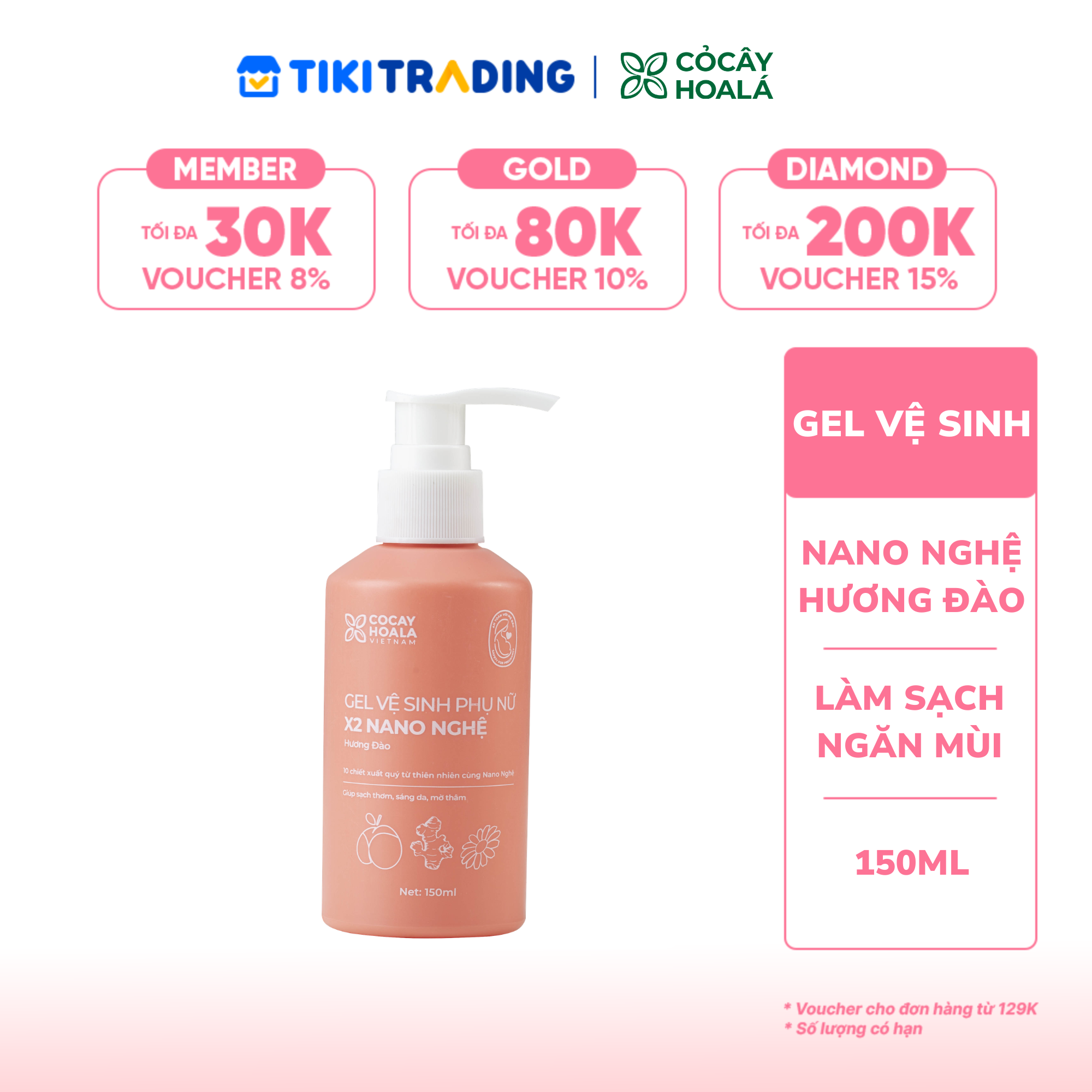Cocayhoala Gel vệ sinh x2 nano nghệ hương đào 150ml