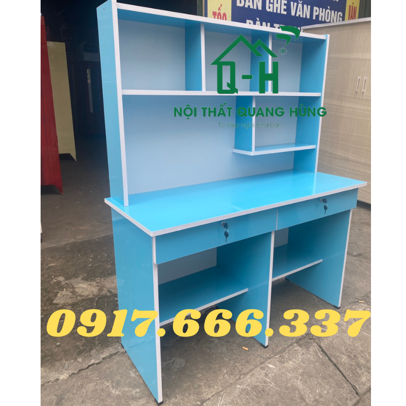 BÀN LÀM VIỆC VÁN OKAL ĐÔI 2 CHỔ NGỒI MÀU XANH DƯƠNG DÀNH CHO BÉ HỌC TẠI NHÀ - 1M2X1M45X45CM