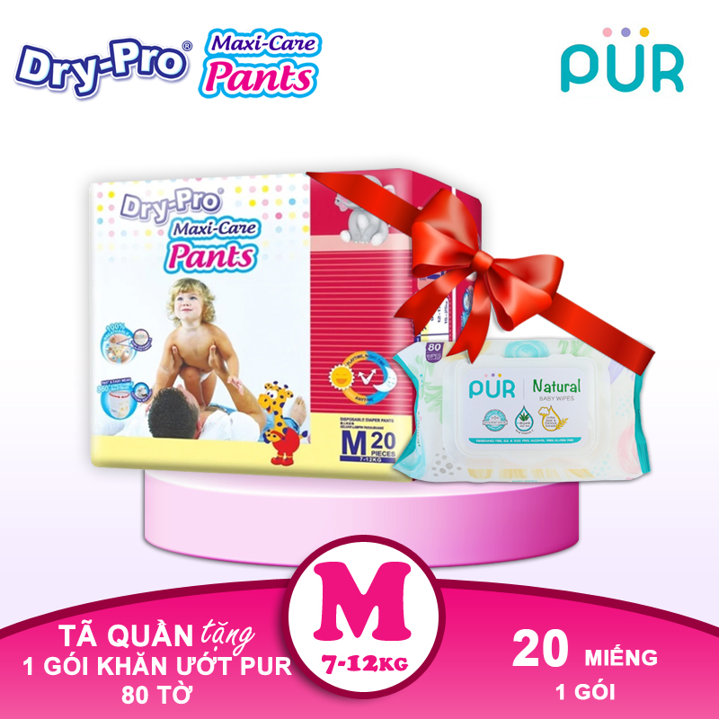 Combo Tã/bỉm quần Dry-Pro M20 (7kg-12kg) + tặng 1 gói khăn ướt Pur 80 tờ cho bé