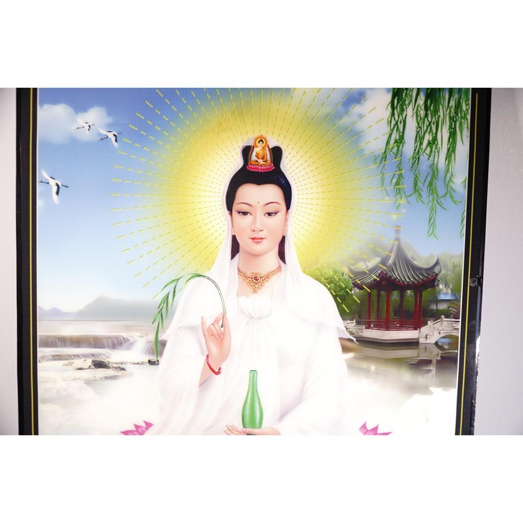 Tranh Phật Quan Âm Bồ Tát áo trắng ngồi đài sen giữa hồ - 2 cỡ