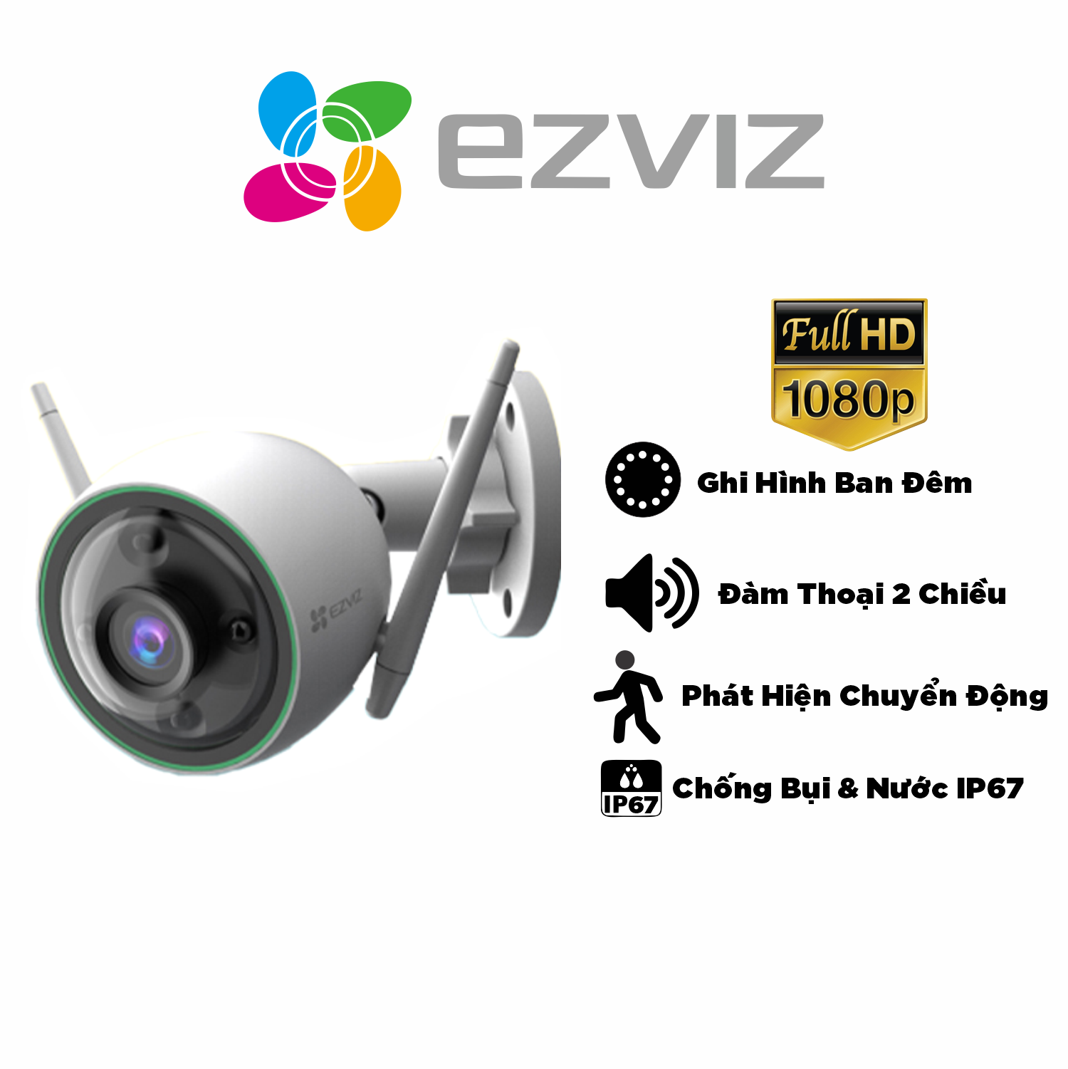 Camera EZVIZ C3N 1080P, WIFI, Chống Nước IP67, Ghi Gình Ban Đêm Có Màu, Tích Hợp AI, Chuẩn Nén Video H.265 - Hàng Chính Hãng