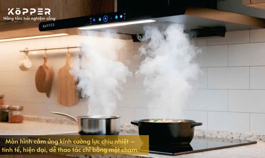 Kopper Hút Mùi Thông Minh Model KP-T22 Hút Khỏe Có Sấy Dầu Tự Động Quạt Li Tâm Cánh Thép Động Cơ Đồng Màn Hình Cảm Ứng Tiếng Ồn < 50 dB KP-T22 Hàng Chính Hãng