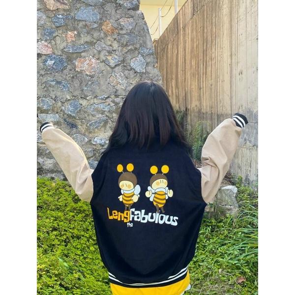 Áo Bomber Nhung Gân Bee Bê Form rộng Unisex Nam Nữ