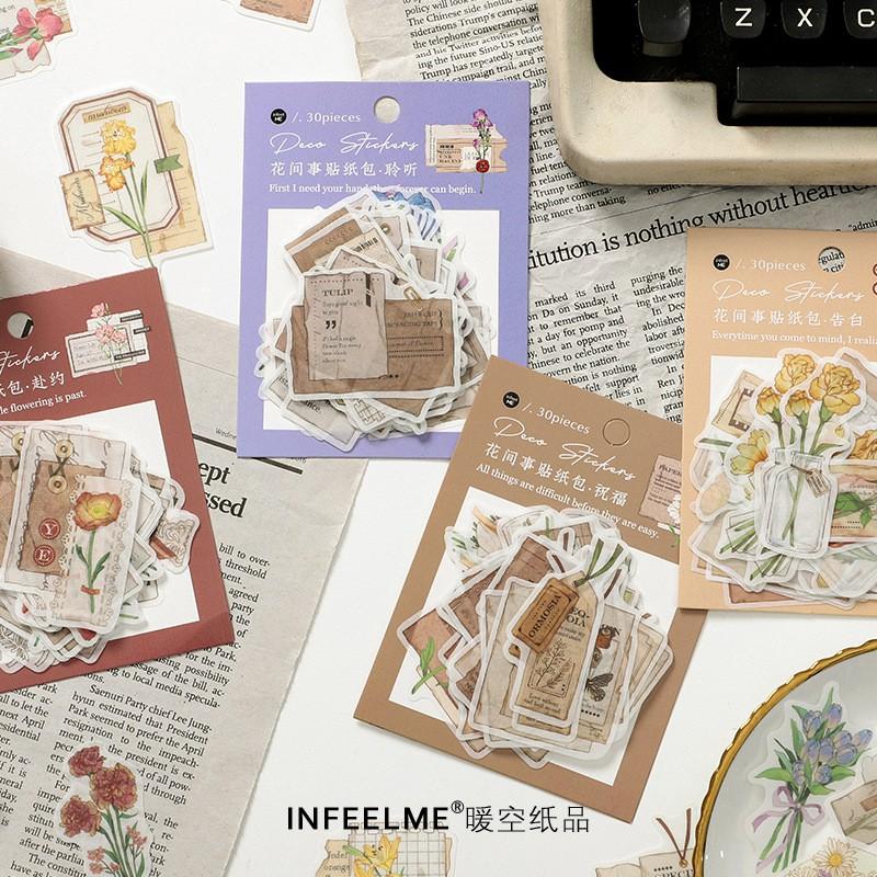 Sticker - Set 30 Deco Sticker Được Thiết Kế Sẵn Chủ Đề Hoa Vintage Trang Trí Bullet Journals