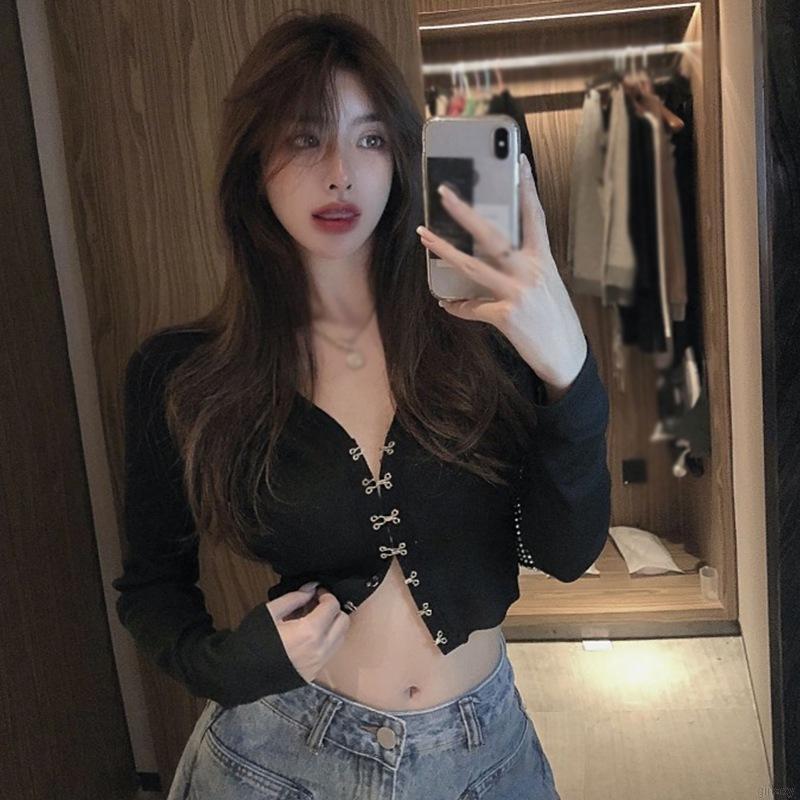 HÀNG CAO CẤP -   Áo Croptop Tay Dài Cổ Chữ V Màu Trơn Phong Cách Hàn Quốc  - Hàng Cao Cấ