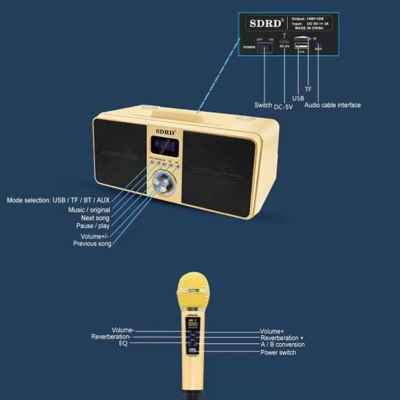 Loa Bluetooth Mini Karaoke SDRD SD-309 - Bản Cao Cấp Chất Lượng, Kèm 2 Micro Sạc Không Dây