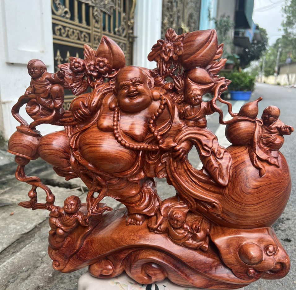 Tượng phật di lặc ngũ phúc kéo bao vàng bằng gỗ hương đá kt 40×35×16cm
