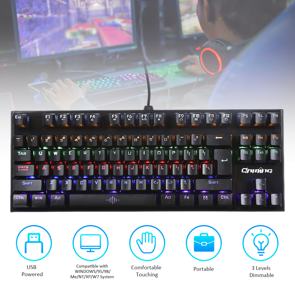 87 Phím Bàn phím chơi game được hỗ trợ bởi USB Hoạt động ở 3 cấp độ Có thể điều chỉnh độ sáng