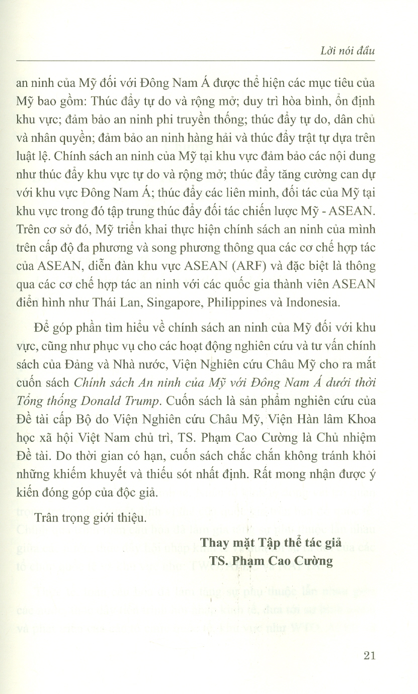 Chính Sách An Ninh Của Mỹ Với Đông Nam Á Dưới Thời Tổng Thống Donald Trump (Sách chuyên khảo)