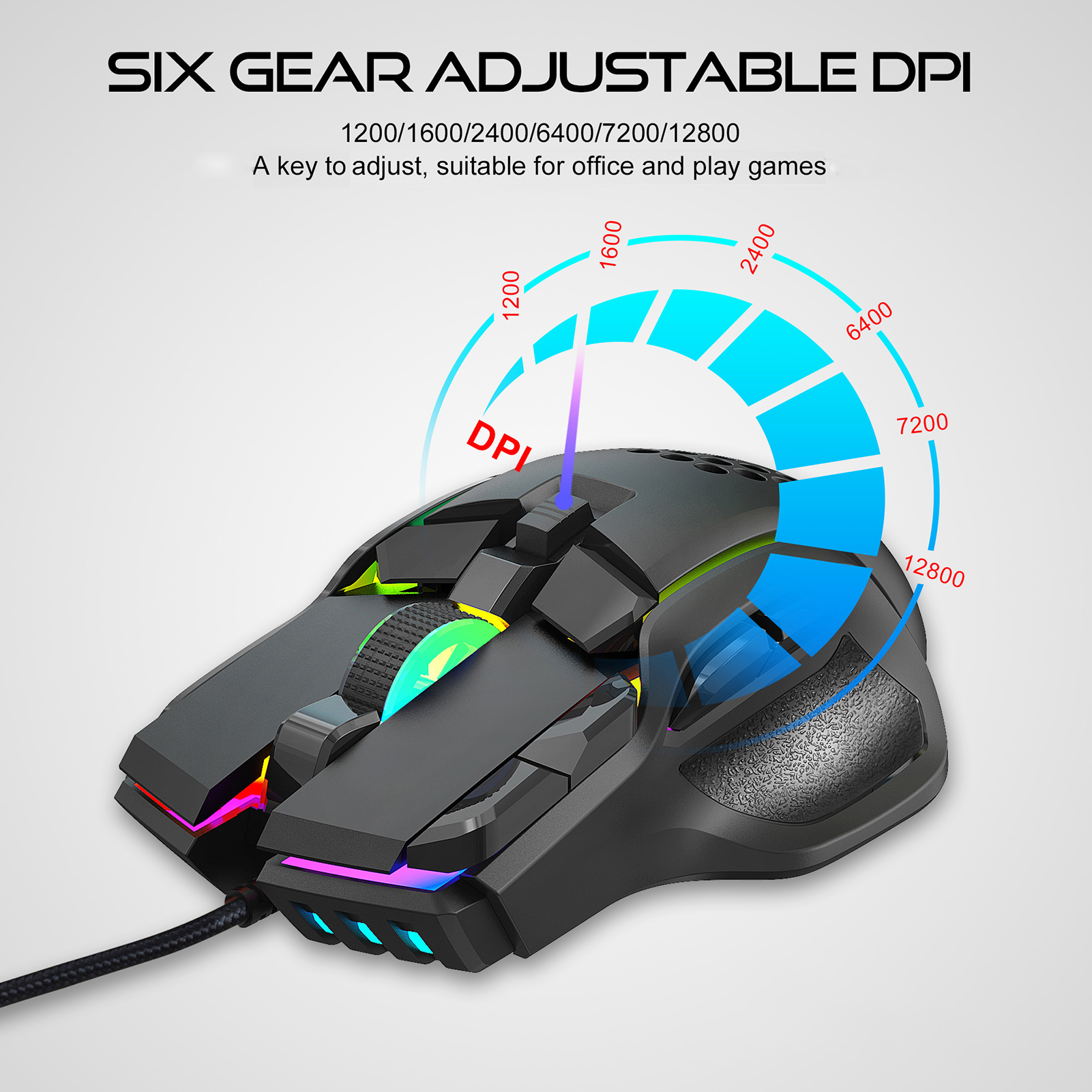 HXSJ S700 10 Keys Wired Gaming Mouse Macro Programming Ergonomic Mice with 6 Adjustable DPI RGB Light Effect