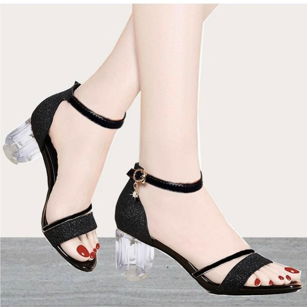 Giày cao gót 6 phân bản ngang dây chéo kim tuyến LT