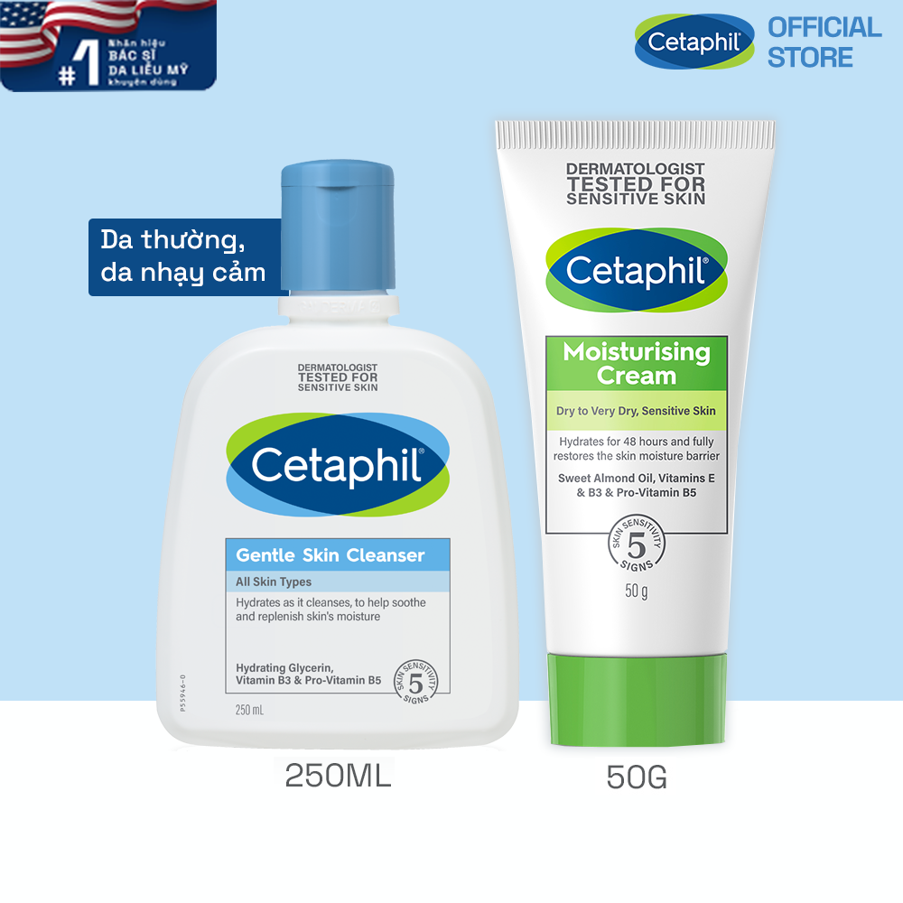 Combo Làm Sạch Và Dưỡng Ẩm Cho Da Nhạy Cảm Sữa Rửa Mặt Cetaphil Gentle Skin Cleanser 250Ml Kem Dưỡng Ẩm Cetaphil Moisturizing Cream 50G