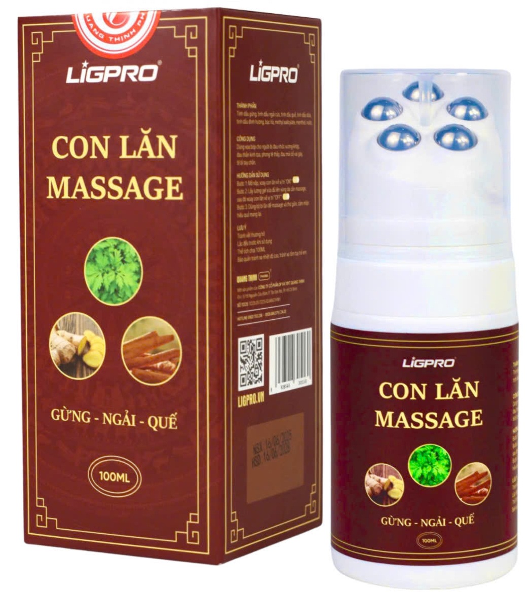 Combo con lăn massa Ligpro gừng ngải quế 100ml, tặng kèm 1 xịt xoa bóp 50ml