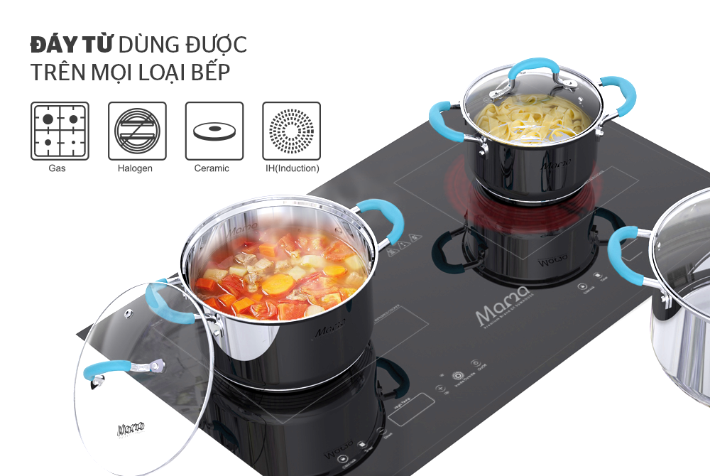 Bộ nồi chảo inox 5 đáy bếp từ SUNHOUSE MAMA SHG506-2022 chất liệu inox 304 cao cấp sáng bóng an toàn sức khỏe