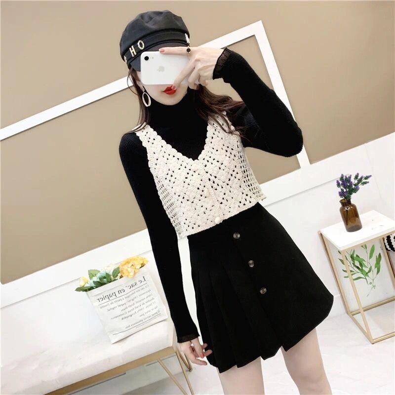 Áo 2 dây sợi móc cài khuy cổ tim dáng ngắn croptop